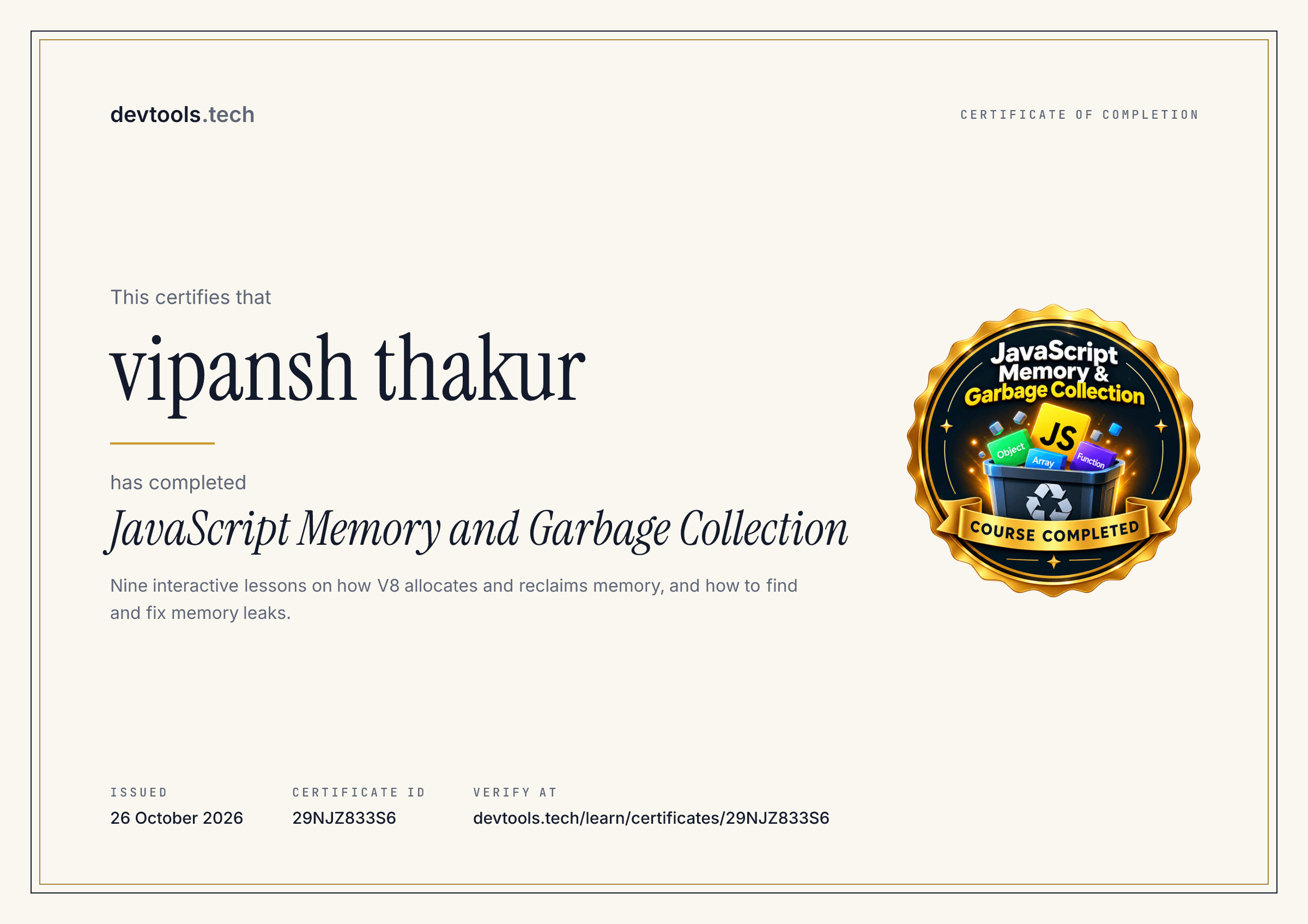 Certificate for JavaScript Memory and Garbage Collection