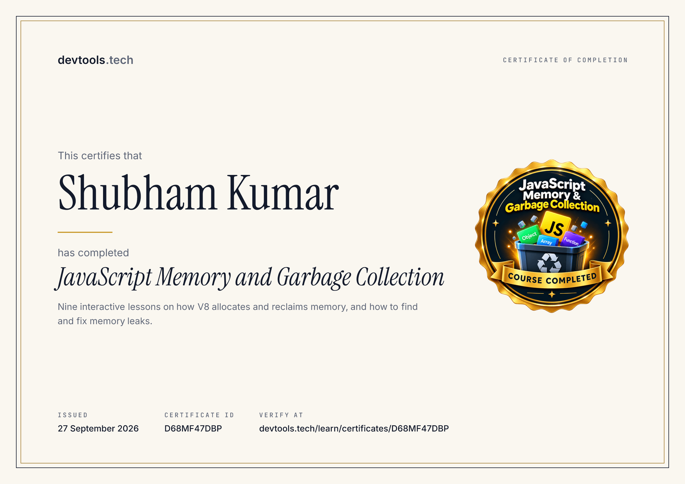 Certificate of completion for JavaScript Memory and Garbage Collection, issued to Shubham Kumar